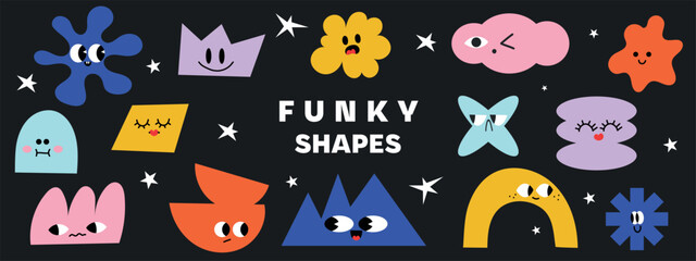 Abstract vector shape collection featuring retro geometric icons, vibrant stickers, flowers, and trendy groovy elements for creative backgrounds and posters.
