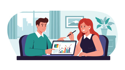 Flat vector artwork of a couple collaborating on work or study projects, ideal for teamwork, productivity, lifestyle, and relationship cooperation themes