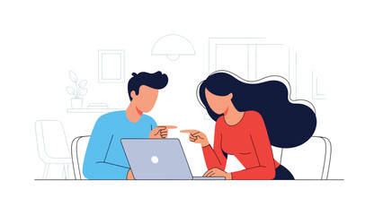 Flat vector artwork of a couple collaborating on work or study projects, ideal for teamwork, productivity, lifestyle, and relationship cooperation themes