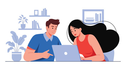 Flat vector artwork of a couple collaborating on work or study projects, ideal for teamwork, productivity, lifestyle, and relationship cooperation themes