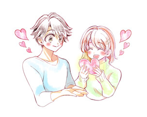 両手を差し出す男性とハートを持つ女性