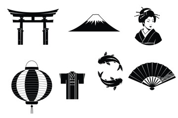 Japanese culture icons set with torii gate geisha kimono koi fish mount fuji lantern and folding fan silhouette.