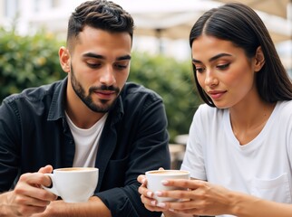 Young couple on a coffee date at an outdoor cafe. Man and woman sitting together and sharing a moment over cappuccino