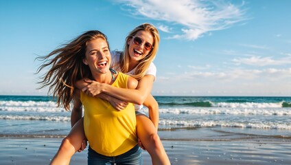 Happy young woman giving her friend a piggyback ride on the beach. Two cheerful female friends laughing and having fun during summer vacation