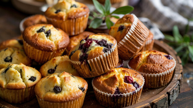 A tray of savory muffins sits beside sweet ones