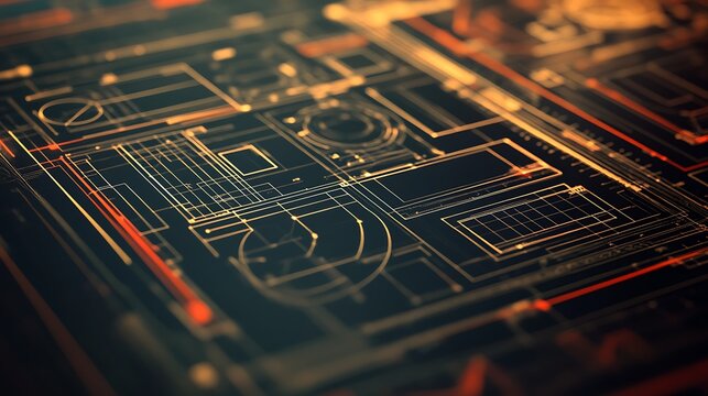 Abstract digital circuit board background with glowing lines and geometric shapes. - Powered by Adobe