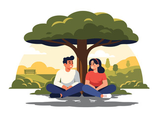 Flat vector design of a couple relaxing under a tree, ideal for peaceful lifestyle content, relationship bonding, and emotion-focused illustrations