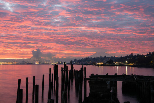 View of wooden pilings rise from the still water under a vibrant pink and purple sky, reflecting the city lights and distant mountains, Tacoma, Washington, United States.