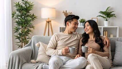 Fototapeta premium Happy young asian couple relaxing on a cozy sofa at home. Man and woman smiling and talking while drinking coffee in the living room. Loving relationship and domestic lifestyle concept