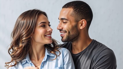 Fototapeta premium Happy young interracial couple smiling and looking at each other. Close-up portrait of a loving man and woman in a relationship. Love and intimacy concept