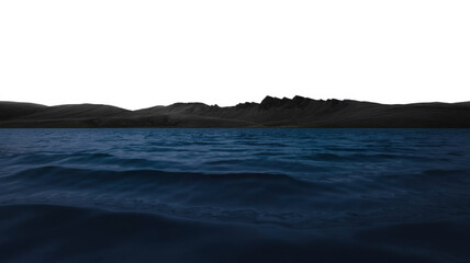 Dark blue water and grey mountains on transparent background isolated on a transparent background
