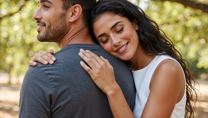 Smiling woman with eyes closed hugging her man with affection. A young romantic couple embracing outdoors in a park