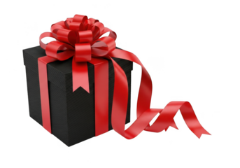 A black gift box with a red ribbon and a large red bow, isolated on transparent background