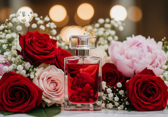 Elegant perfume bottle surrounded by vibrant red roses and delicate pink peonies, capturing a luxurious and romantic floral essence amidst soft bokeh lights