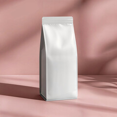 Blank white stand-up pouch packaging mockup on soft pink background with natural shadows, minimal modern product package design for branding and stock use