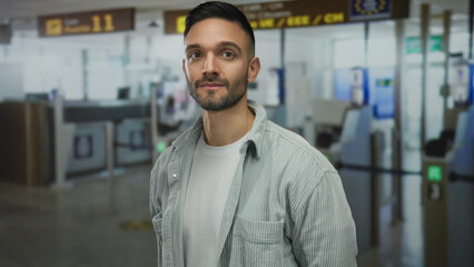 Obraz premium Hispanic man stands at airport terminal, exuding confidence as he waits in terminal 1, surrounded by modern travel ambience and bustling atmosphere.