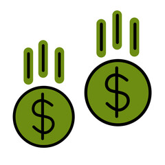 Green Coins with Dollar Sign Falling Icon, Minimalist Vector Illustration Representing Money, Investment, Finance, Transparent Background.