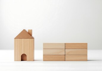 Minimalist Wooden Toy House and Building Blocks on White for Real Estate and Construction Concepts