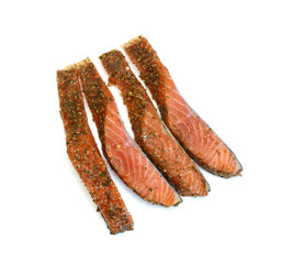 Raw salmon fillet on white background