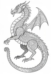 Majestic Dragon Adult Coloring Page Line Art Detailed fantasy dragon illustration for adults. Intricate black and white zentangle line art of a mythical creature for stress relief.