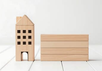 Minimalist Wooden Toy House and Building Blocks on White Table, Symbolizing Real Estate, Home Building, and Investment