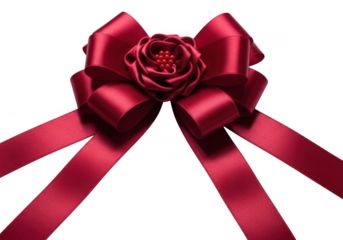 A deep red satin ribbon bow, adorned with a central rose detail and trailing ribbons, isolated on a transparent background