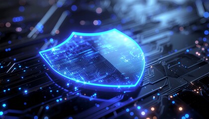 Glowing digital shield hovers over a dark futuristic circuit board background