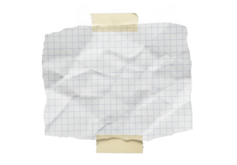 A crumpled piece of graph paper, torn and taped to a transparent background, with a grid pattern