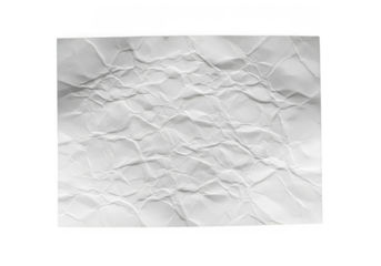 A closeup shot of a crumpled piece of white paper, isolated on a transparent background, showing intricate textures and shadows created by the folds and creases