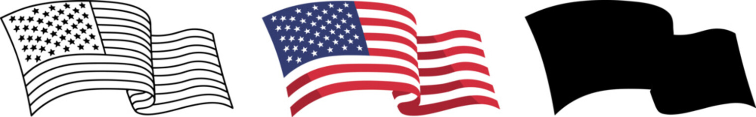 Obraz premium Waving USA Flag Vector Illustration Set: American Stars and Stripes Icon, Outline, and Silhouette