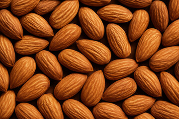 Fototapeta premium Close-up of whole almonds forming a natural seamless background. Warm brown tones and detailed texture create an organic food pattern perfect for healthy eating and packaging design