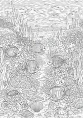 Surreal Ocean Coloring Sheet Organic Patterns Hand Underwater drawn [Subject] illustration with flowing organic swirls. Abstract decorative line art design on white background.

