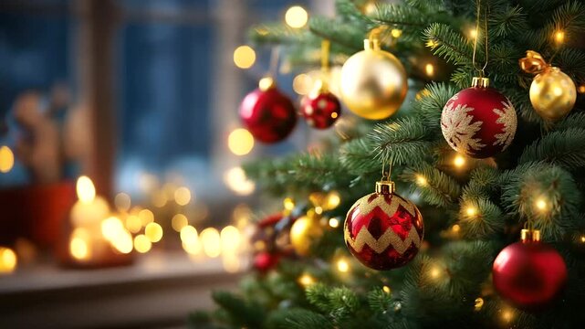 Festive Christmas tree, decorated ornaments twinkling, lights holiday celebration, display seasonal decoration, scene traditional tree, trimming festive atmosphere, home winter dis