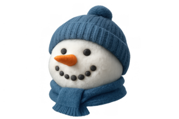 Snowman head wearing blue knitted hat and scarf, smiling face with carrot nose, winter holiday character on transparent background