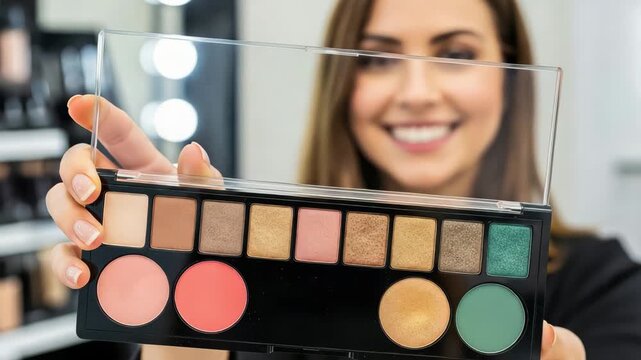 Woman holding a colorful makeup palette with eyeshadows and blushes