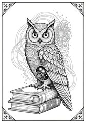 Surreal Owl Coloring Sheet Organic Patterns Wisdom Hand drawn [Subject] illustration with flowing organic swirls. Abstract decorative line art design on white background