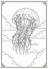 Surreal Whale/Sea Coloring Sheet Organic Patterns Underwater Hand drawn [Subject] illustration with flowing organic swirls. Abstract decorative line art design on white background