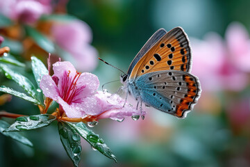 Obraz premium Butterfly on a pink flower with water drops