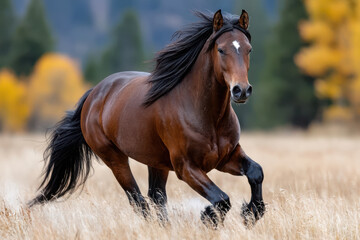 Obraz premium Bay horse running in autumn field