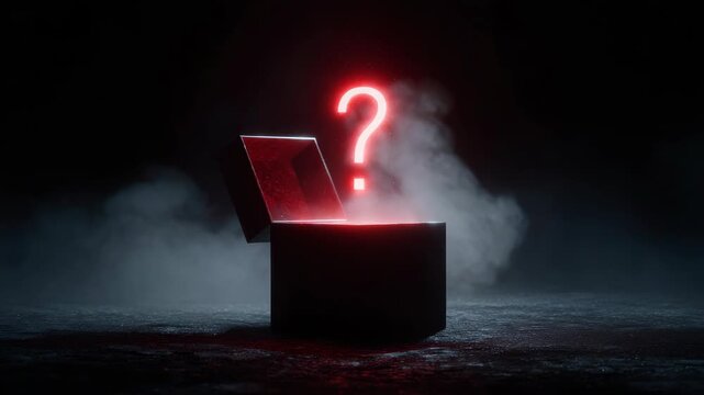 Mysterious glowing red question mark floating above an open black box, cinematic style, on a dark foggy background, concept of curiosity and enigma