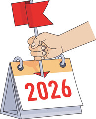 A hand holds a calendar pointing to 2026, symbolizing the future. Clean, modern illustration with a bold color palette. Ideal for business, technology, and forward-thinking concepts.