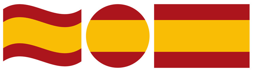 Collection of Spanish civil flags. Waving flag of Spain, round flag and rectangular flag of Spain isolated.