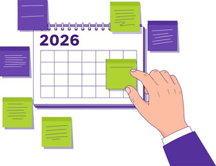 A hand interacts with a 2026 calendar adorned with sticky notes, showcasing planning and organization. Modern, flat design illustration. Ideal for business, productivity, and goal-setting visuals.