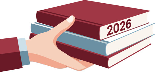 A hand holds a stack of books with '2026' prominently displayed. The image evokes a sense of future planning and knowledge. Clean, modern illustration.