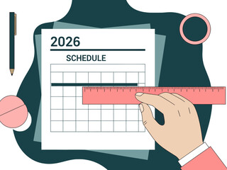 A hand measures a schedule calendar for 2026. A pen, ruler, and document create a modern, organized workspace. Bright, graphic style.