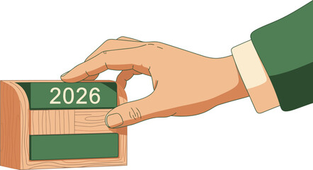 A hand reaches to set a wooden block displaying the year 2026. The image evokes a sense of anticipation and future planning. Clean, modern style.