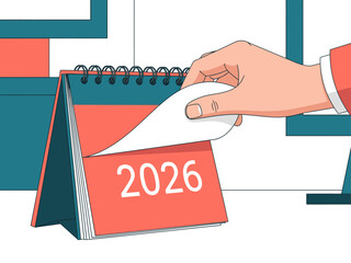 A hand turns a 2026 calendar page, showcasing a clean, modern design. The image highlights a bright, minimalist aesthetic suitable for business or lifestyle themes.