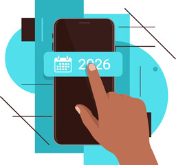 A hand taps the year 2026 on a smartphone screen, overlaid with a modern, abstract background.  Clean, vibrant design suitable for digital marketing and technology themes.