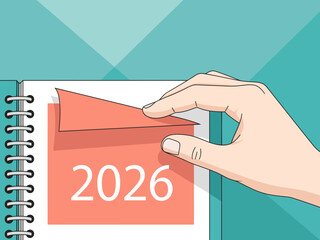 A hand turns a page of a calendar displaying the year 2026. The image features a bright, modern design with a focus on planning and organization. Suitable for business and lifestyle themes.