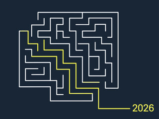 Intricate maze design with a highlighted path to 2026. Modern, minimalist graphic, bold lines, and a striking color contrast. Suitable for tech, future, and problem-solving themes.
